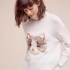 Moth Anthropologie Ivory Cat Embroidered Sweater Large